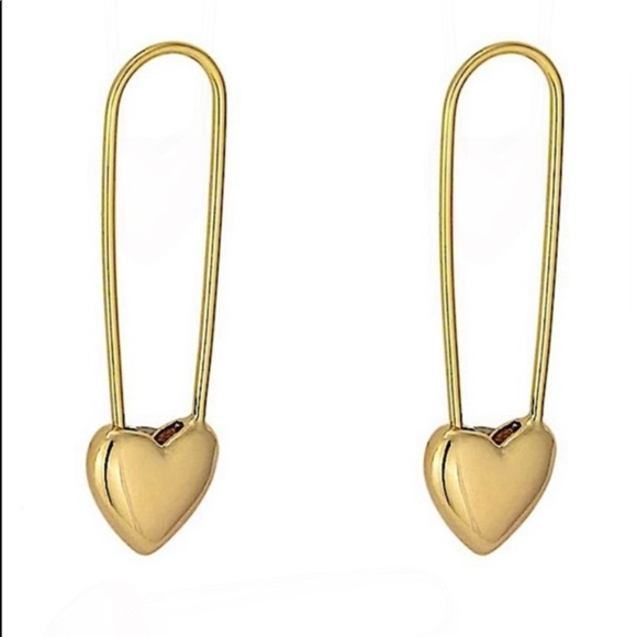 Heart Safety Pin Gold Sterling Silver Earrings Set - Picture 10 of 11